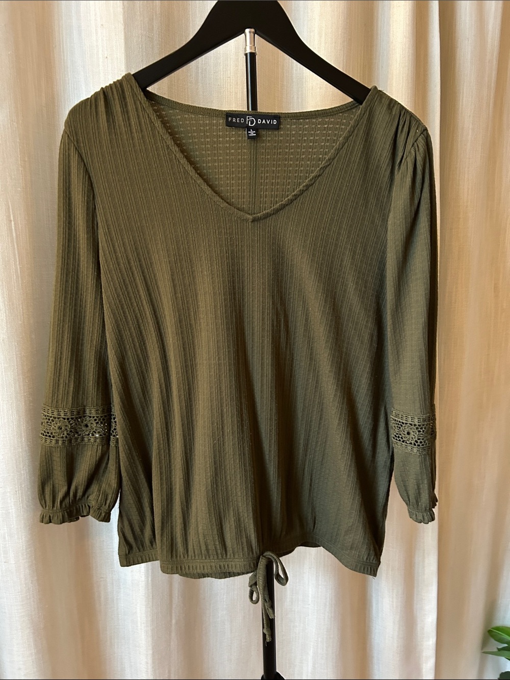 Fred David Olive V-Neck Ribbed Elastic Hem Blouse